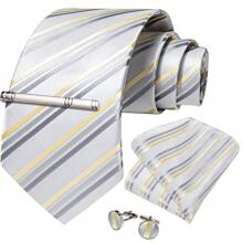 Dibangu 男士領帶真絲藍色條紋婚禮領帶口袋方袖扣夾套裝聖誕節 - 白色 - 查看 1