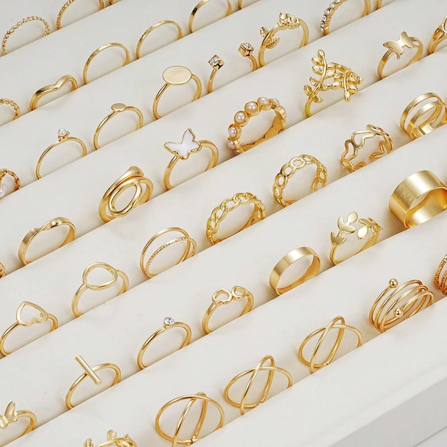 17KM 66pcs Simple Butterfly, Heart And Faux Pearl Rings Set For Women, Suitable For Vacation, Dating, Daily Wear (without Box)