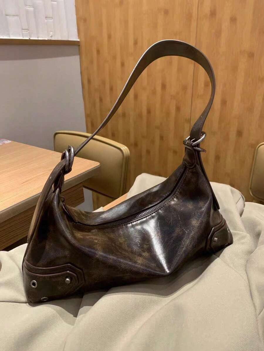 1 件纯色 PU 皮包，时尚复古英伦风格手提包，适合女孩/女士，Y2K 骑行者时尚单肩腋下包 - 适合学生、办公室职员、通勤、学校郊游 - 棕色 - 查看 1