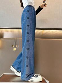 Quần Jeans Ống Rộng In Hình Trái Tim Dày Dặn Cho Bé Gái Tuổi Teen, Hàng Mới Về Mùa Đông 2023 1 Chiếc - Màu xanh lam - Xem 7