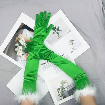 1pair Green Thick Fluffy Opera Gloves With Touch Screen Capability, Suitable For Christmas Parties, Dance Parties And Other Festive Occasions.