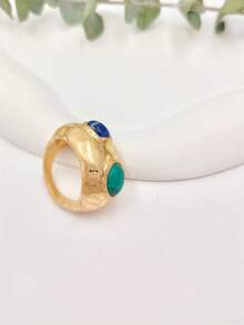 1pc European And American Style Retro Exaggerated Ring With Stone Pattern Design Suitable For Men And Women Daily Wear - Green - View 3