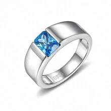 一個925純銀材質設計的淺藍色八角形5*7MM人造寶石男戒指，適合男士日常佩戴 - 銀色 - 查看 1