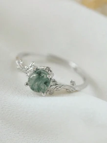 1pc Delicate Four-prong Setting Round Green Chalcedony & Leaf Shaped Silver Ring, Ideal For Engagement & Wedding Gift