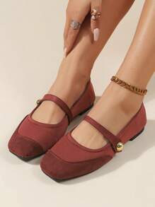 2023春秋女珍方頭鞋時尚百搭絲緞平底鞋搭配連身裙 - 酒紅色 - 查看 4
