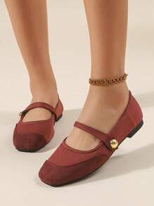 2023春秋女珍方頭鞋時尚百搭絲緞平底鞋搭配連身裙 - 酒紅色 - 查看 3