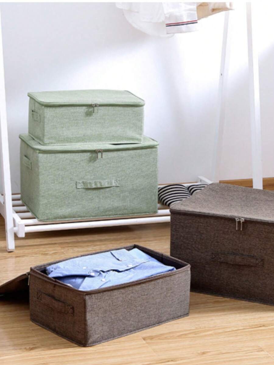 1個帶拉鍊和蓋子的可折疊布面衣物收納盒,可作衣物整理容器 - 綠色 - 查看 1