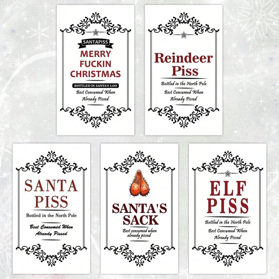5pcs Funny Christmas Wine Bottle Labels, Creative Joke Bottle Stickers, Happy Wine Tags - White - View 1
