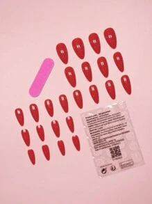 24入組亮紅色長杏仁實心假指甲和 1 張膠帶和 1入組指甲銼 Pres On Nails 套件 - 彩色 - 查看 6