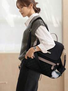 Lightweight Quilted Anti-Theft Backpack, Multiple Pockets, Embroidered Design, High-Quality Women's Travel Backpack. Women's Coin Purse, Waterproof Casual Backpack With Fur Ball Pendant, Women's Shopping Shoulder Bag, Fashion Backpack, Suitable For Girls, Elementary Students, Middle School Students, College Freshmen And Sophomores, Graduates, Mom Backpack. - Black - View 10