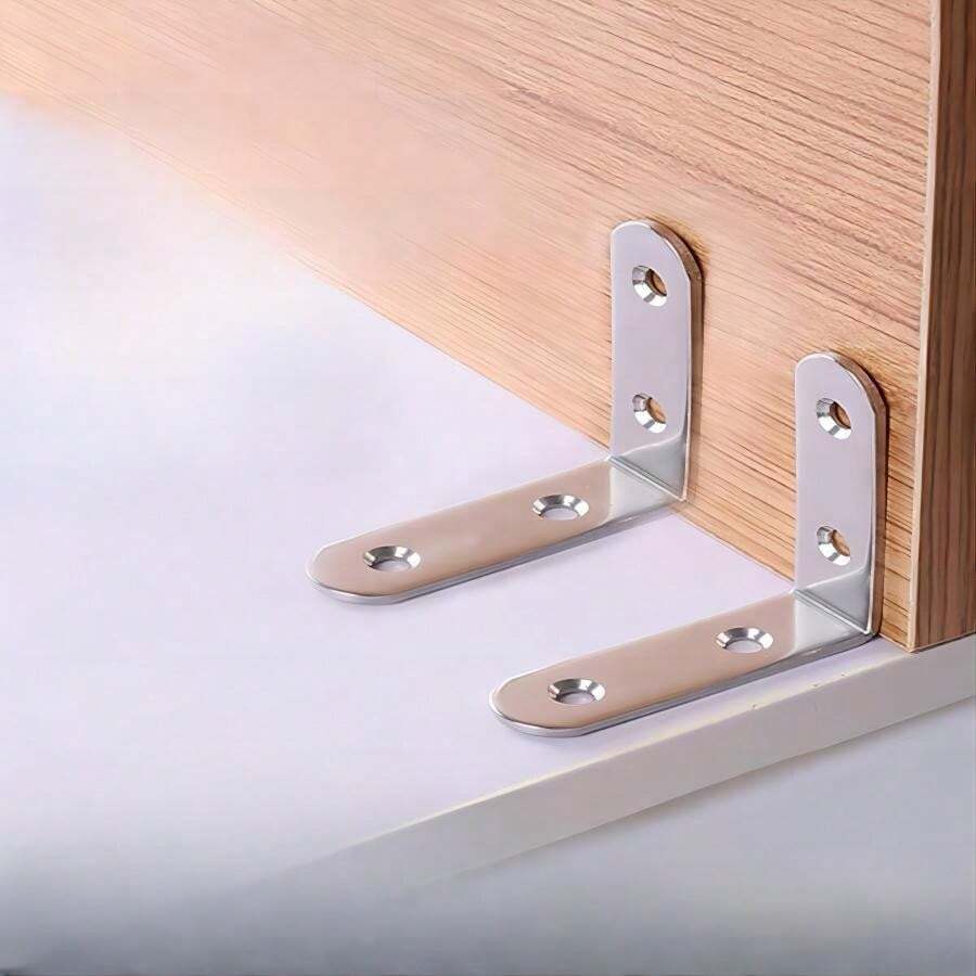 L-shaped Stainless Steel Corner Brace Connector Triangular Plate Angle Iron Bracket Reinforcement Furniture Cabinet Fixing Accessory Metal Support Frame - Silver - View 1