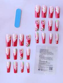 ARTAUG 24 件甜櫻花綠葉印花全罩假指甲法式紅色適合女士日常穿著和1 件指甲銼和1 件指甲膠貼紙套裝指甲適合女媽媽女士禮品和指甲用品及批發、聖誕節、萬聖節、感恩節、母親節和情人節禮物美白美甲套裝,帶有可拆式假指甲,適合節日、派對、約會和日常穿著 - 紅色 - 查看 3