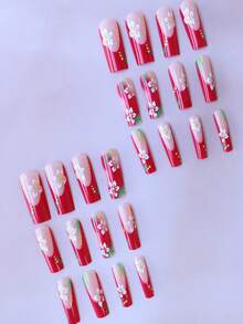 ARTAUG 24 件甜櫻花綠葉印花全罩假指甲法式紅色適合女士日常穿著和1 件指甲銼和1 件指甲膠貼紙套裝指甲適合女媽媽女士禮品和指甲用品及批發、聖誕節、萬聖節、感恩節、母親節和情人節禮物美白美甲套裝,帶有可拆式假指甲,適合節日、派對、約會和日常穿著 - 紅色 - 查看 6