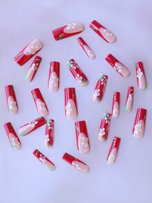 ARTAUG 24 件甜櫻花綠葉印花全罩假指甲法式紅色適合女士日常穿著和1 件指甲銼和1 件指甲膠貼紙套裝指甲適合女媽媽女士禮品和指甲用品及批發、聖誕節、萬聖節、感恩節、母親節和情人節禮物美白美甲套裝,帶有可拆式假指甲,適合節日、派對、約會和日常穿著 - 紅色 - 查看 4