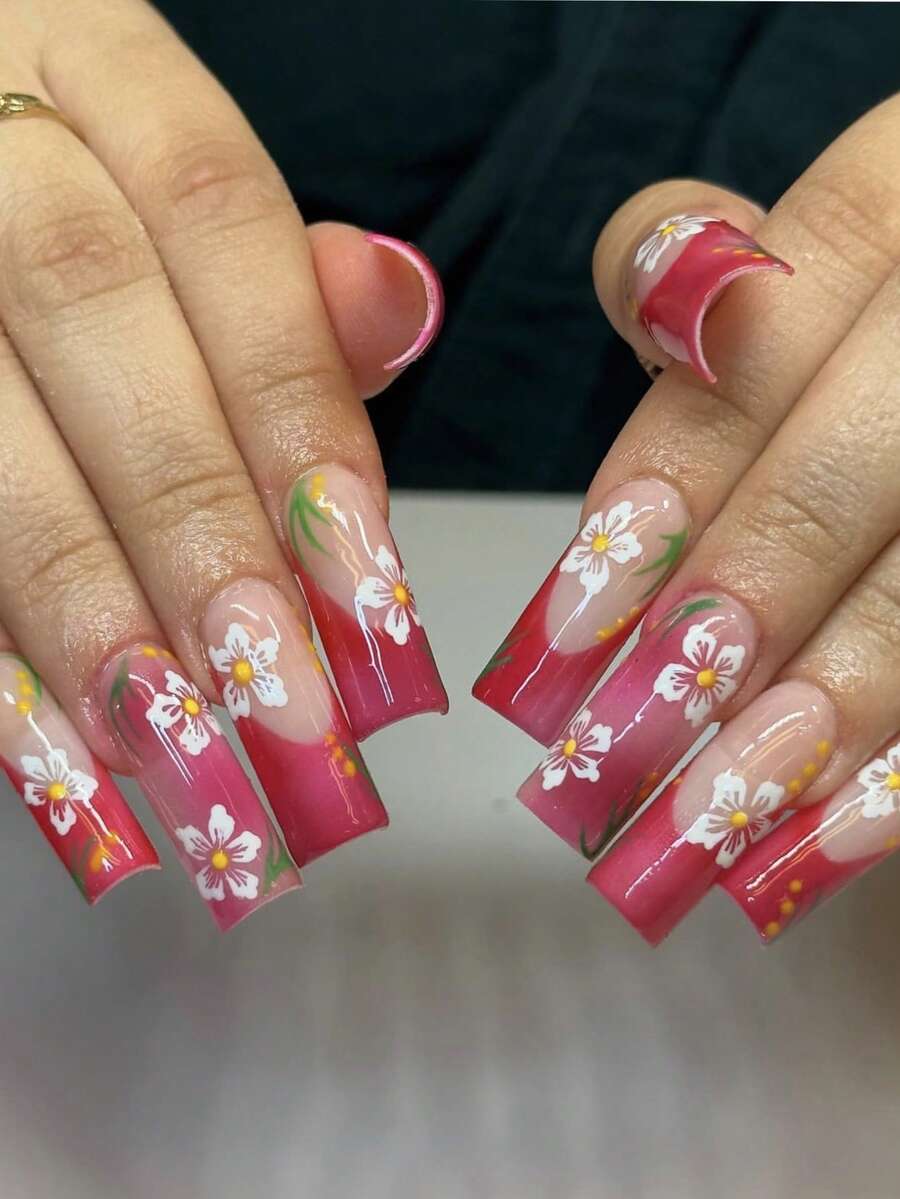 ARTAUG 24 件甜櫻花綠葉印花全罩假指甲法式紅色適合女士日常穿著和1 件指甲銼和1 件指甲膠貼紙套裝指甲適合女媽媽女士禮品和指甲用品及批發、聖誕節、萬聖節、感恩節、母親節和情人節禮物美白美甲套裝,帶有可拆式假指甲,適合節日、派對、約會和日常穿著 - 紅色 - 查看 1