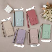 兔子手機殼時尚手機保護殼，皮革手機殼，帶卡槽和手帶，可愛的日常旅行必備，可存儲卡片和零錢，適用於iPhone - 暗粉紅色 - 查看 5