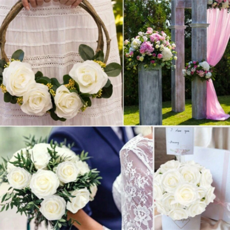 50pcs Artificial Roses With Stem For Diy Bouquets, Corsages, Weddings, Showers, Parties, Festivals, Suitable For Bridal Engagement, Bachelor Party And Anniversaries Decorations - Multicolor - View 1