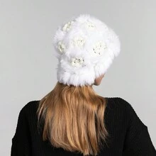 1pc Crochet Flower & Rabbit Hair & Plush Handmade Knitted Hat With High Elasticity & Warmth - White - View 3