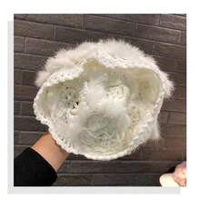 1pc Crochet Flower & Rabbit Hair & Plush Handmade Knitted Hat With High Elasticity & Warmth - White - View 4