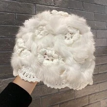 1pc Crochet Flower & Rabbit Hair & Plush Handmade Knitted Hat With High Elasticity & Warmth - White - View 5