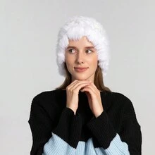 1pc Crochet Flower & Rabbit Hair & Plush Handmade Knitted Hat With High Elasticity & Warmth - White - View 2