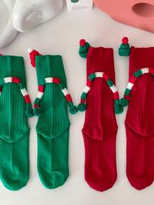 1雙聖誕設計磁鐵襪,創意卡通立體襪子情侶款,中筒襪長 - 綠色 - 查看 3