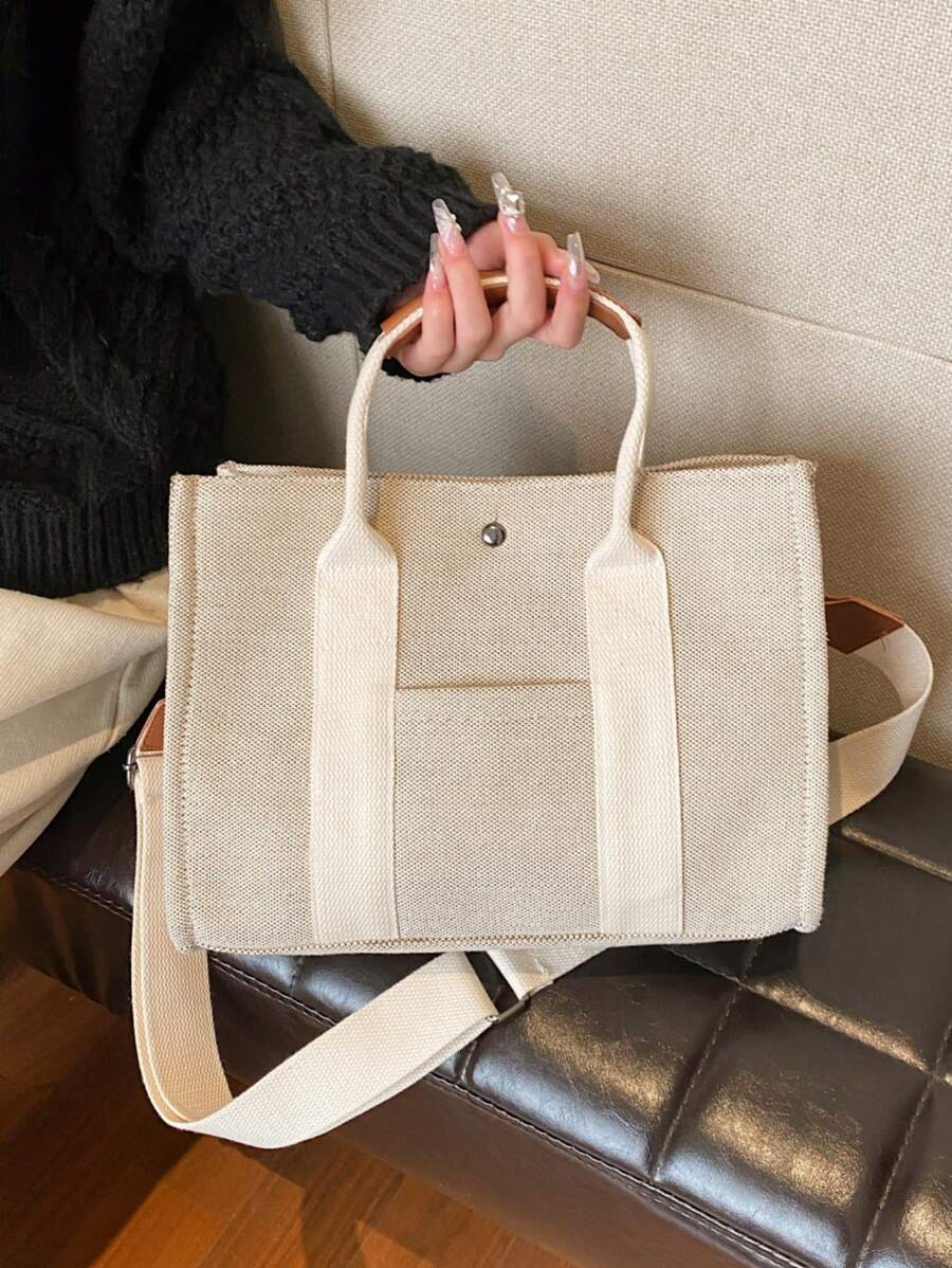 Canvas Minimalist Large Capacity Foldable Women's Shoulder Bag - White - View 1