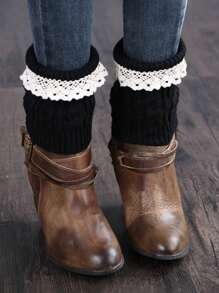 1對女式針織花邊修飾保暖腿套,適用於冬季 - 黑與白 - 查看 3