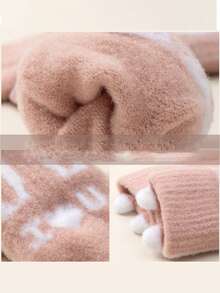 1pair Women's Cute Plush Cartoon Rabbit Full Finger Gloves, Thickened, Winter Warm Gloves For Students & Cycling - Grey - View 4