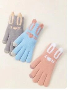 1pair Women's Cute Plush Cartoon Rabbit Full Finger Gloves, Thickened, Winter Warm Gloves For Students & Cycling - Grey - View 1