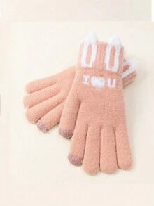 1pair Women's Cute Plush Cartoon Rabbit Full Finger Gloves, Thickened, Winter Warm Gloves For Students & Cycling - Grey - View 5