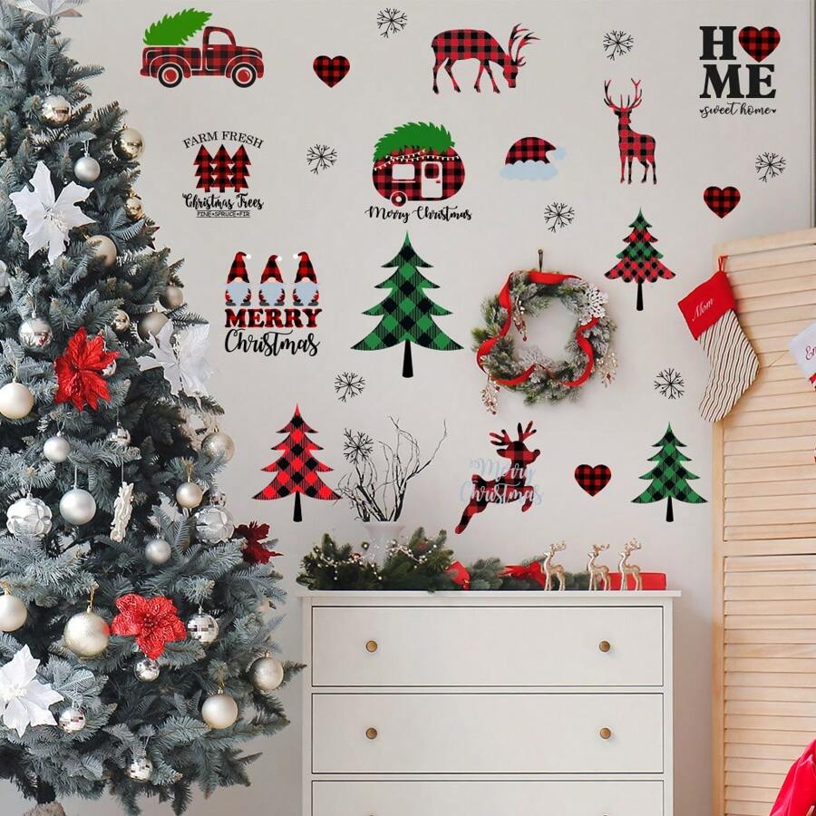聖誕節牆貼紙捲,紅黑相間格子紋聖誕樹牆地裝飾,森林動物印花防水藝術壁紙,冬季景色雙面窗貼,適用於聖誕節diy家居派對裝飾