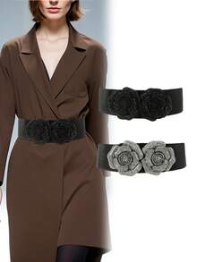 1入組復古女性黑色玫瑰形鑲鑽彈性調節扣環彈性pu腰帶,絕佳搭配派對、約會及穿搭