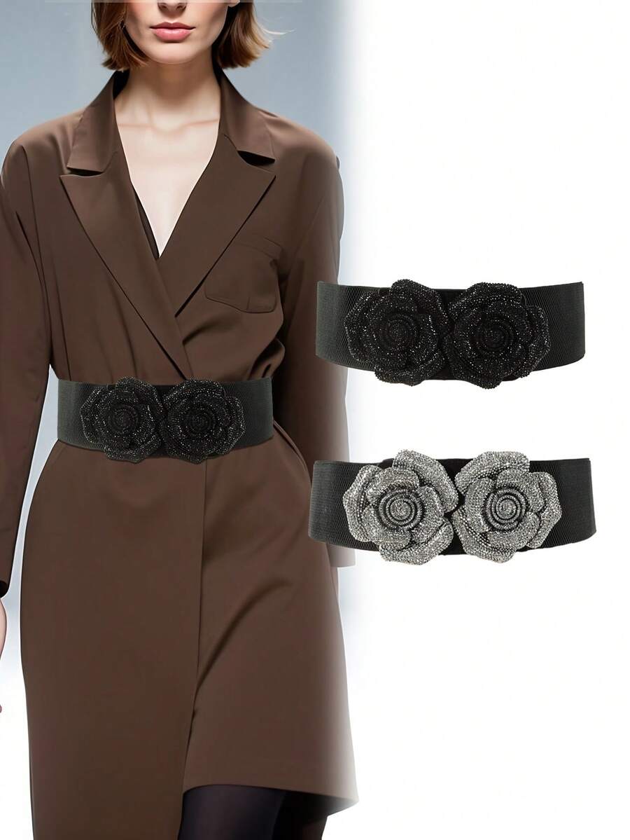 1入組復古女性黑色玫瑰形鑲鑽彈性調節扣環彈性pu腰帶,絕佳搭配派對、約會及穿搭