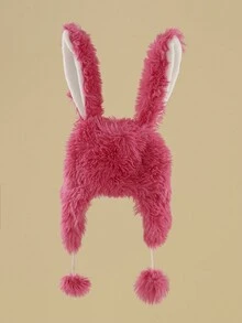 1件女士可愛長耳兔絨毛耳套圍巾帽,適用於約會、派對和日常穿著來保暖 - 玫紅色 - 查看 4