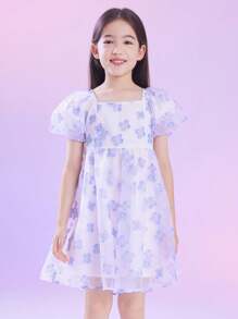 Annil 適合青少女夏季穿著的甜美方領花卉印花泡泡袖輕質網紗洋裝，紫色