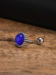 1pc Stainless Steel Round Blue Sapphire Stud Earring For Men - Royal Blue - View 5