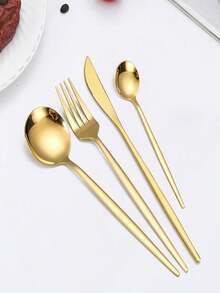 1入組不銹鋼西餐牛排刀叉匙及甜點匙-4件套裝 - 金色 - 查看 6