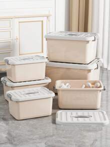 WORTHBUY 1pc Large Size/plastic Storage Box With Lid, Multifunctional And High Capacity For Sorting Snacks, Toys, Clothes In Bedroom, Dormitory - Beige - View 1