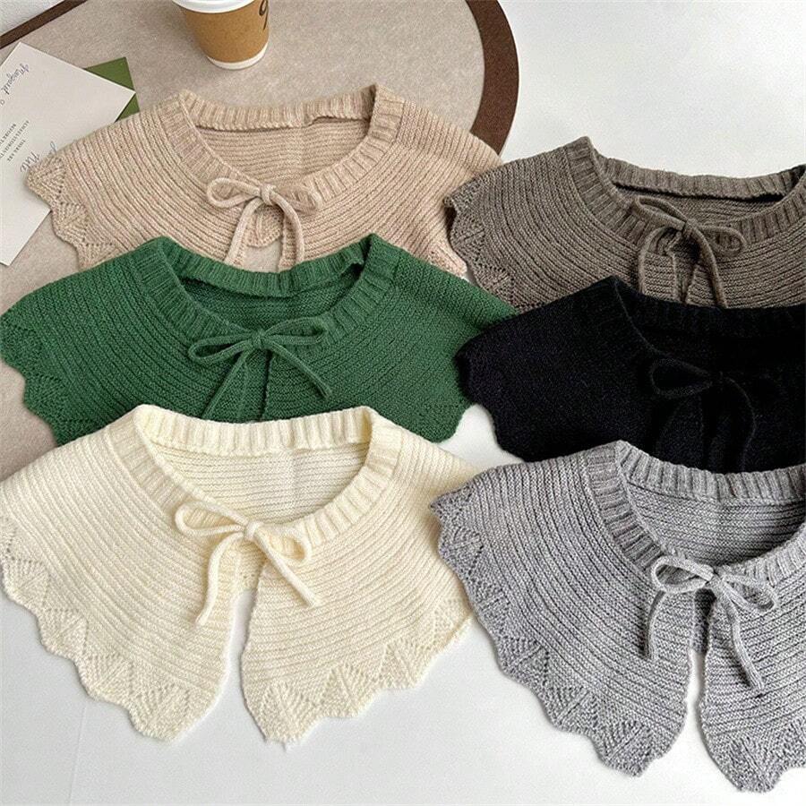 1 Miếng Của phụ nữ Mới Thời trang Dệt kim Khăn choàng Với Ruy băng Buộc Và Ruffled , Màu thuần , Cổ tròn , Cái cổ Người bảo vệ , Có thể tháo rời Vòng cổ - trắng - Xem 1