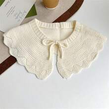 1pc Women's New Fashion Knitted Shawl With Ribbon Tie And Ruffled Edges, Solid Color, Peter Pan Collar, Neck Protector, Detachable Collar - White - View 4