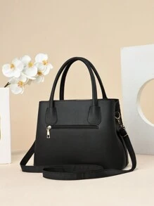 PLANEE女士縫製手提包，時尚刺繡肩袋，純色手提/肩背/斜挎包，金屬吊飾裝飾，母親節禮物 - 黑色 - 查看 6