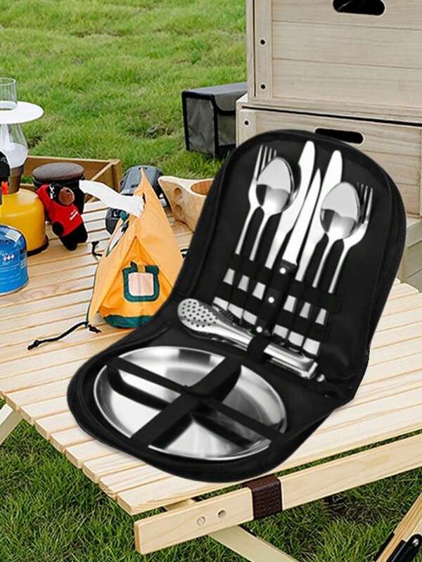 10pcs Stainless Steel Camping Cookware Set, Including Plates, Steak