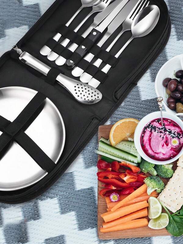 10pcs Stainless Steel Camping Cookware Set, Including Plates, Steak