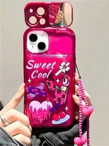 1 件粉色可爱卡通镜面相机心形手链透明手机壳适用于 Apple iPhone16 15 14 13 12 11 X XR XS 8 7 Mini Plus Pro Max SE，复活节甜美酷炫礼物，圣诞节万圣节装饰/生日礼物， - 玫紅色 - 查看 3