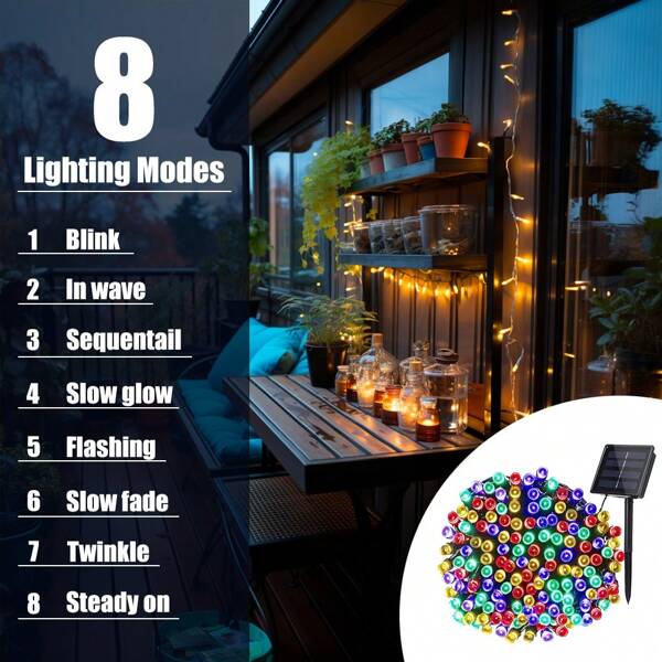 1pc Outdoor Solar Decorative Light String, 8 Lighting Modes, Outdoor IP67 Waterproof, Suitable For Garden Lawn Decoration, House Decoration, Outdoor Wedding Venue Decoration And City Roadside Decoration. Suitable For Festival Decorative Lights