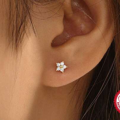 SereneSpark 1 件星形花朵 925 纯银耳钉平背穿孔女士软骨精美珠宝婚礼派对周年纪念情人节