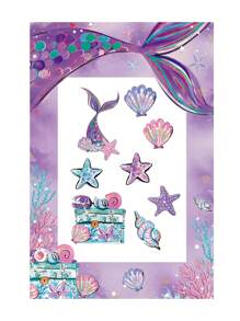 1套紫色美人魚圖案紙質相框生日派對照片道具相框，海星，海螺，貝殼圖案裝飾相框 - 紫色 - 查看 3