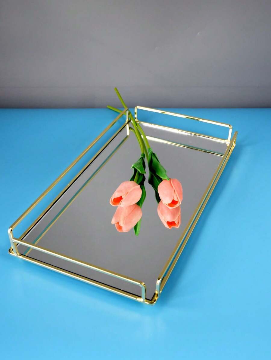 1 件金屬鑲邊玻璃長方形托盤,復古咖啡桌托盤,化妝品,珠寶,零食,下午茶 - 金色 - 查看 1