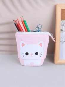 1 Pc Pink Pen Pencil Bag Case, Cartoon Cute Cat Canvas Fold Standing Holder Stationery Organizer Kids Gift - Pink - View 5